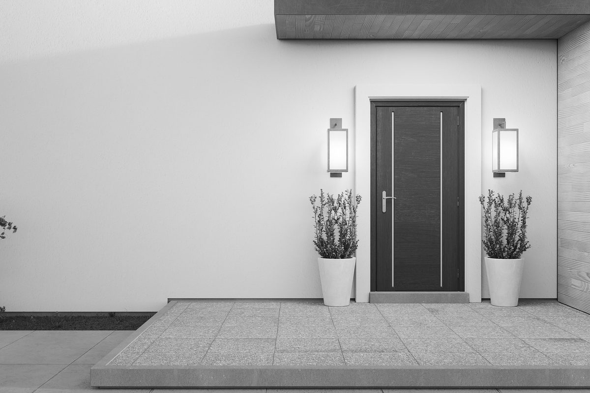 A modern front door between two wall lights and two potted plants